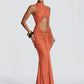 Women Halter Mermaid Sexy Maxi Dress Hollow Out Cutout Metal Lock Decor Ruched Bodycon Dress Evening Party Club Dress