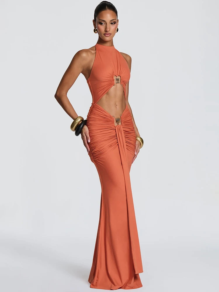 Women Halter Mermaid Sexy Maxi Dress Hollow Out Cutout Metal Lock Decor Ruched Bodycon Dress Evening Party Club Dress
