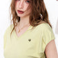 Ruched Waist V-Neck T-Shirt, Heart Metal Detail Fitted Knit Top, Casual Slim Fit Short Sleeve Tee for Women