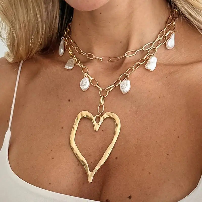 Vintage Large Heart Pendant Choker Necklace for Women, Trendy Boho Imitation Pearl Chain, Wedding Neck Jewelry, New, 2Pcs Set