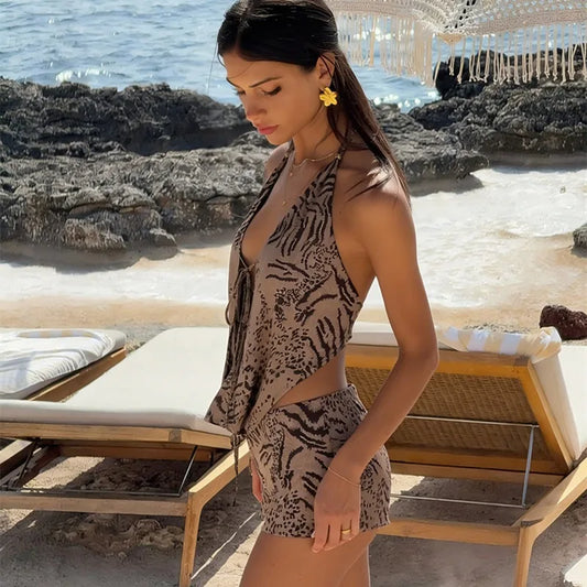 Tiger Print Matching Sets Outfits Vacation Beach 2 Piece Set Halter Top and Shorts 2026 New Arrivals Woman