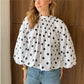 Y2K Women Polka Dot Blouse Puff Long Sleeve Stand Collar Shirt Back Bow Tie Loose Cropped Top Fall Casual Backless Shirt