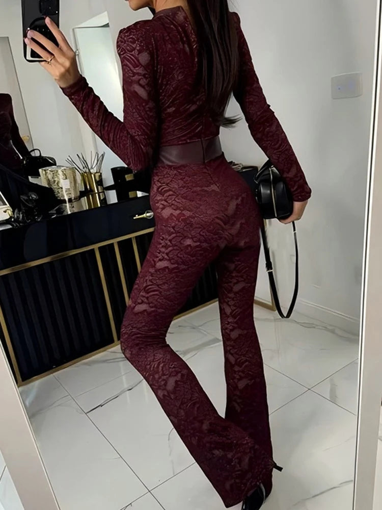 Lace Print Long Sleeve Jumpsuits Women Overalls Fashion Autumn Winter New Two Layer O Neck Slim Fit Sexy Jumpsuits