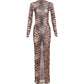 Sexy see Through Dress Women Thin Velvet Tiger Stripes Full Sleeve Autumn Trend Wild Midnight Coquettish Long Bodycon