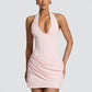 Halter Deep V Neck Sexy Mini Dress Women Elegant Sleeveless Backless Ruched Waist Bodycon Club Party Short Dresses