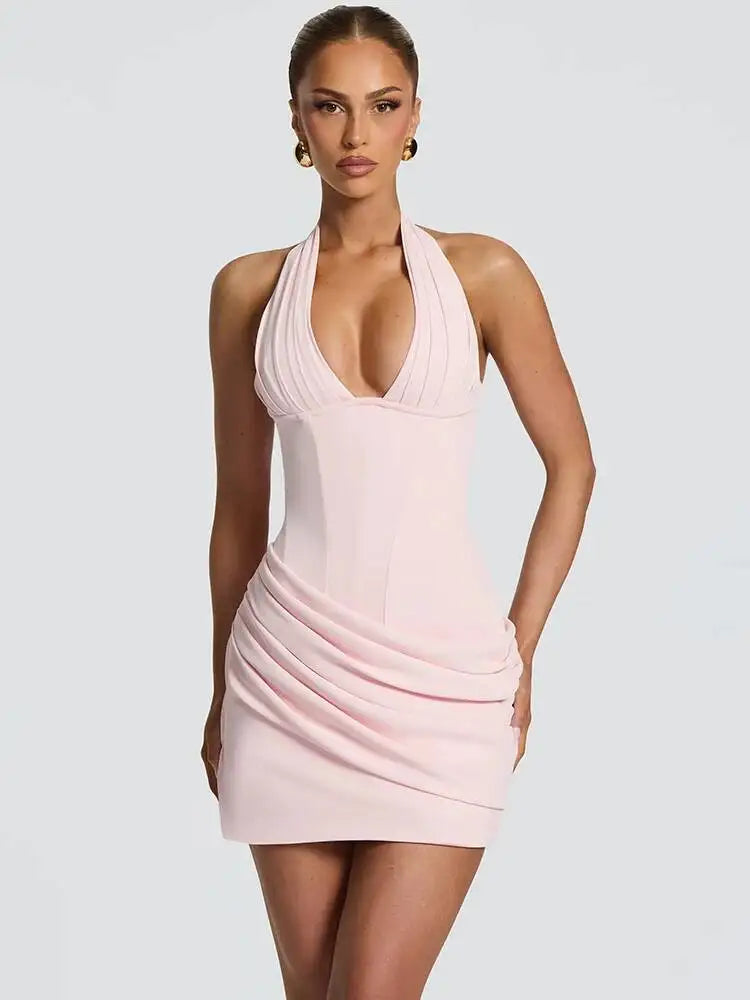 Halter Deep V Neck Sexy Mini Dress Women Elegant Sleeveless Backless Ruched Waist Bodycon Club Party Short Dresses