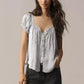Women Cute Babydoll Lace Trim Satin Shirt Y2k Puff Sleeve Crewneck Button Front Relax Fit Baby Tee Summer Going Out Top
