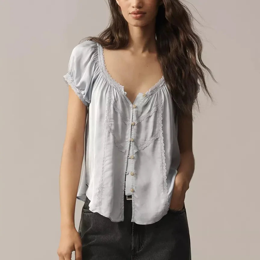 Women Cute Babydoll Lace Trim Satin Shirt Y2k Puff Sleeve Crewneck Button Front Relax Fit Baby Tee Summer Going Out Top