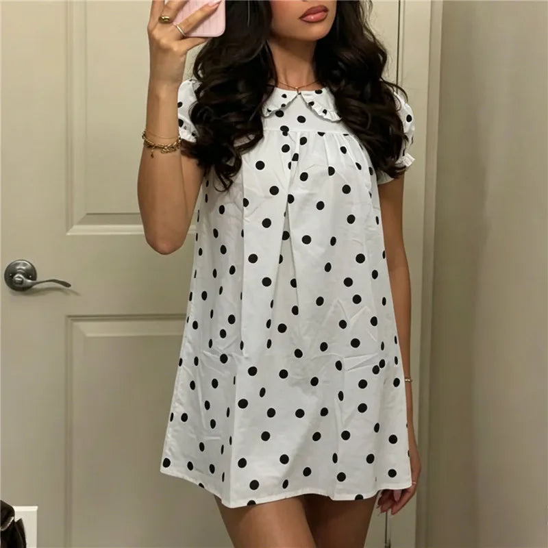 Cute Ruffle Collar Polka Dot/Striped Dress Women's Short Puff Sleeve Loose A-Line Casual Mini Sundress Summer Streetwear