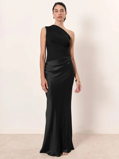 Satin Inclined Shoulder Sexy Maxi Dress Women Fashion Patchwork Sleeveless Backless Bodycon Evening Club Party Dress