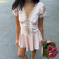 Light Pink Lace Trim Satin Summer Dresses 2026 V Neck Bubble Sleeve Mini Dress Woman Clothing