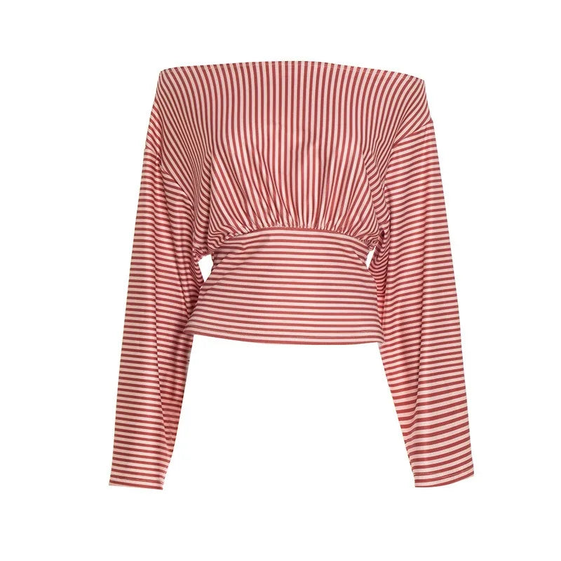 Off Shoulder Striped Fitted Long Sleeve Top with Ruched Waist Fall Woman's Clothes Casual T Shirts