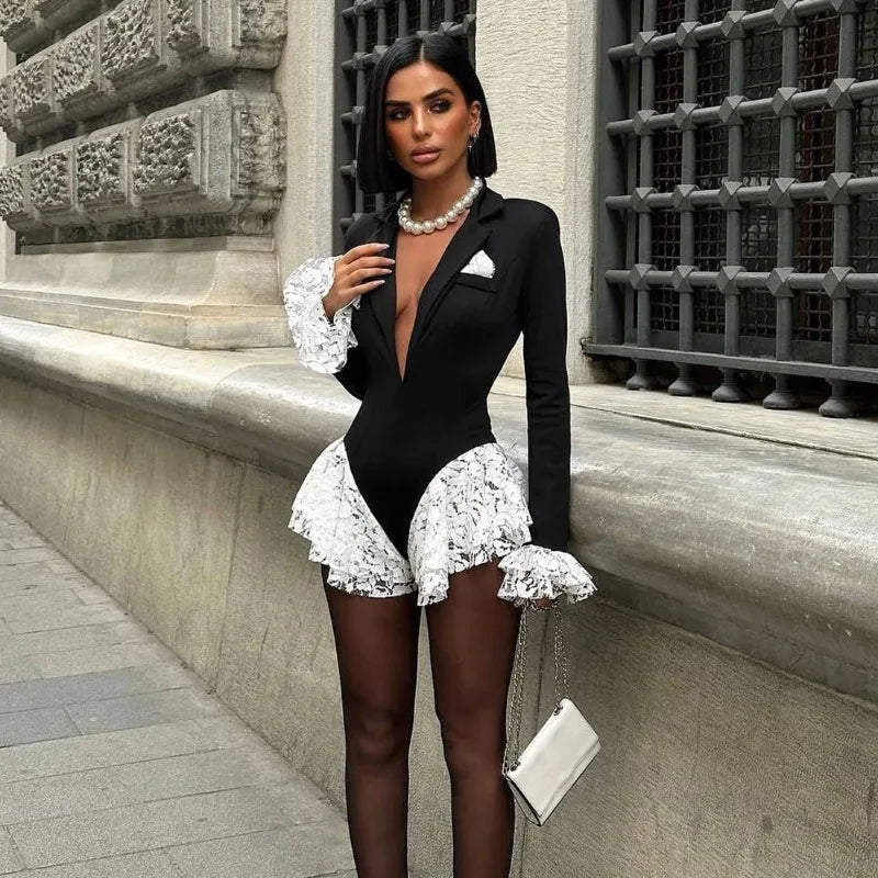 Deep V Neck Long Sleeve Shorts Jumpsuit Sexy Lace Patchwork One Piece Black Outfits Boutique Clothing Woman