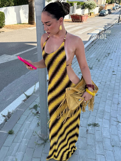 Sexy Cross Backless Dress Women Fashion Striped Print Bead Patchwork Sleeveless Hottie Beach Vacation Party Bodycon