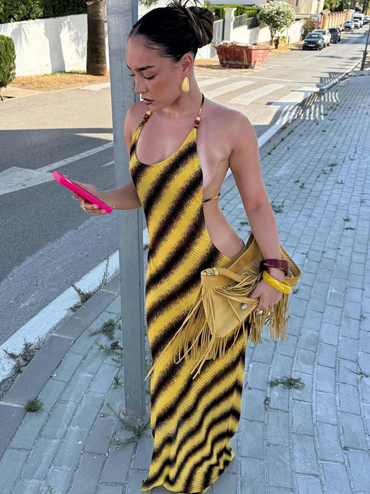 Sexy Cross Backless Dress Women Fashion Striped Print Bead Patchwork Sleeveless Hottie Beach Vacation Party Bodycon