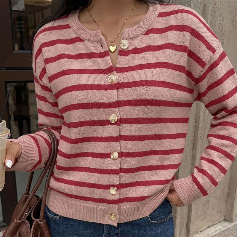 Women Striped Knit Cardigan Crew Neck Button Down Long Sleeve Sweater Notched Neckline Knitwear Fall Winter Streetwear