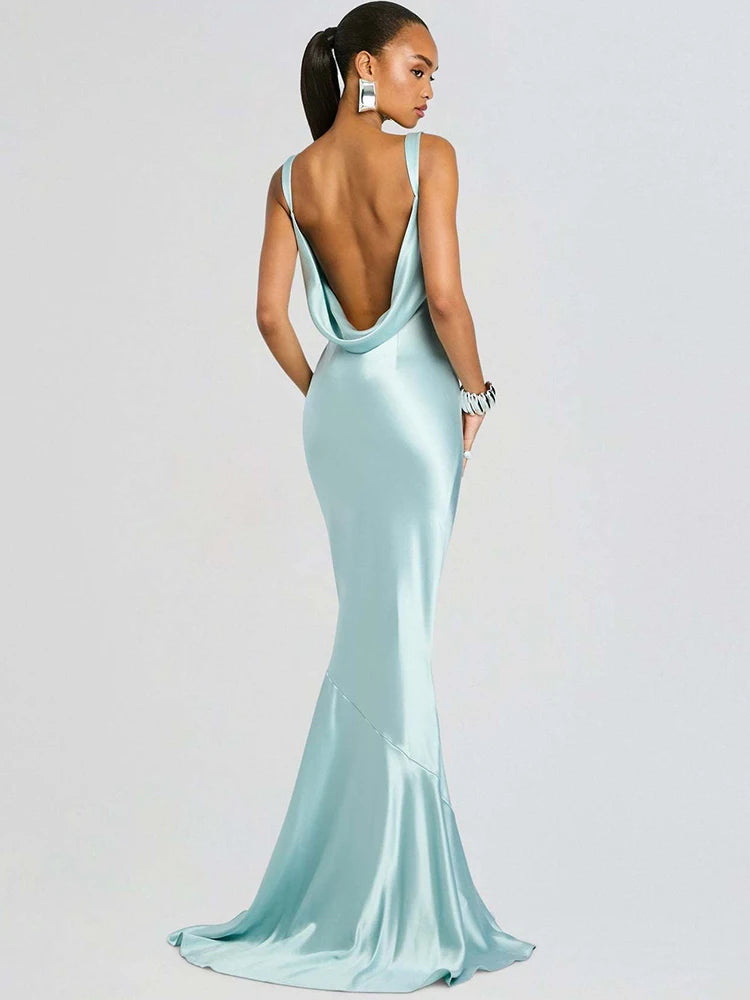 Women Mermaid Sexy Maxi Evening Dress Spaghetti Strap Cowl Neck Backless Formal Wedding Guest Prom Party Long Dress
