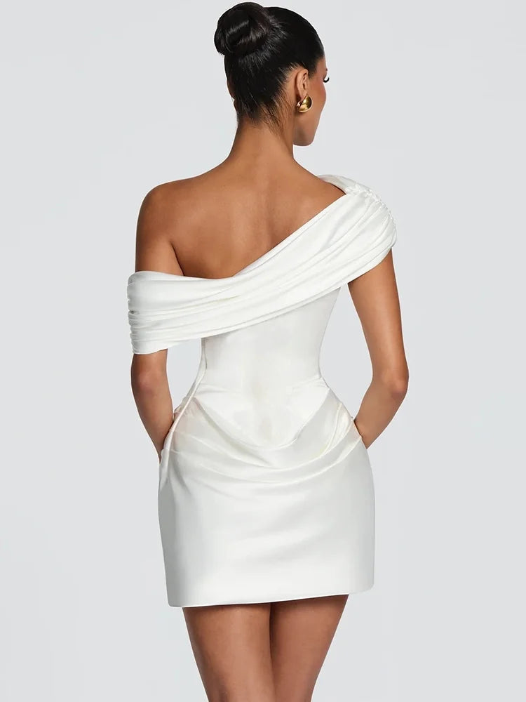 Women Satin Sexy Mini Dress Off Shoulder Draped Corset Bodycon Dress Ruched Wedding Guest Cocktail Party Evening Dress