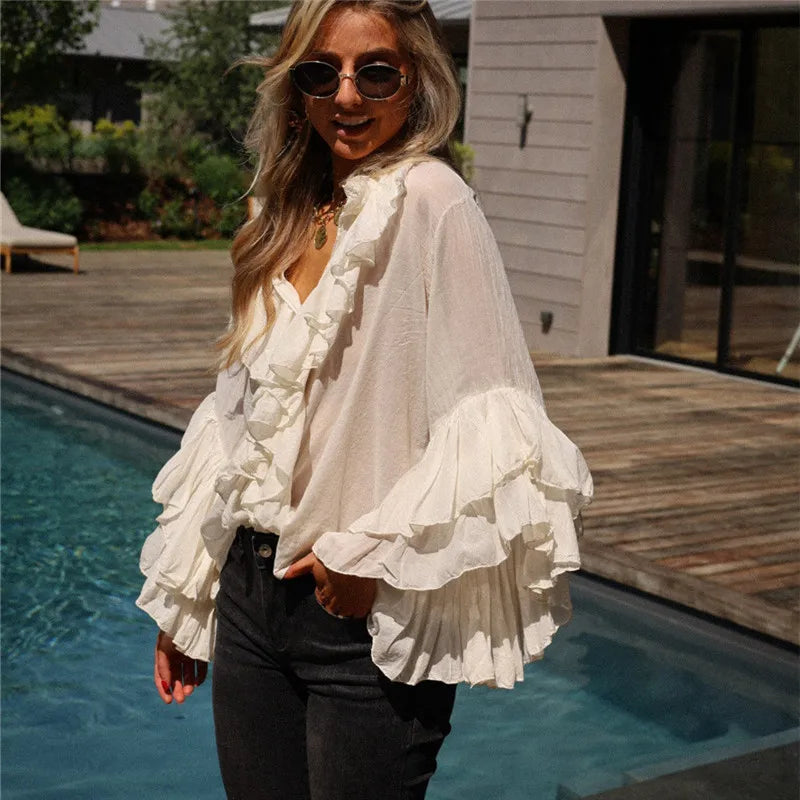 Elegant Women Ruffle Sheer Blouse Casual Loose V Neck Long Sleeve Shirts for Spring Summer Vintage Streetwear