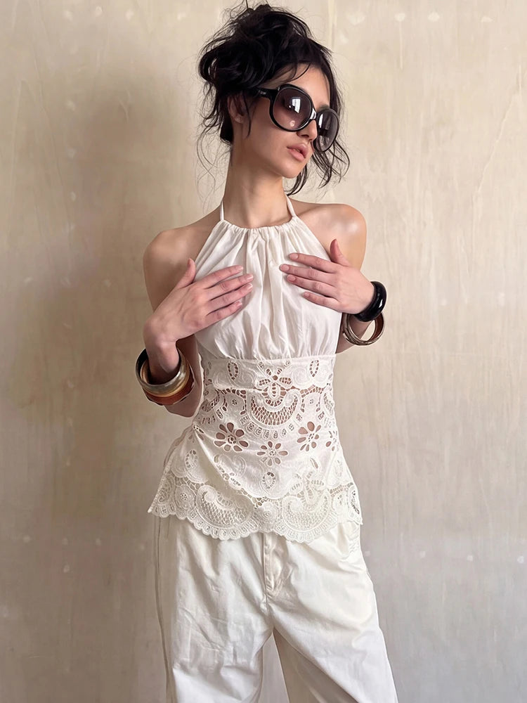 Sexy Hottie Backless Tank Top Women Trend Jacquard Patchwork Halter Sleeveless Ruched Stretch Chic Street Club Vest