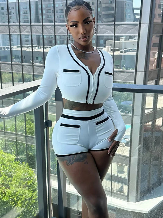 Pocket Tracksuit 2 Piece Set Woman Casual Zip Crop Tops+Shorts Matching Simple Sporty Matching Streetwear Outfits