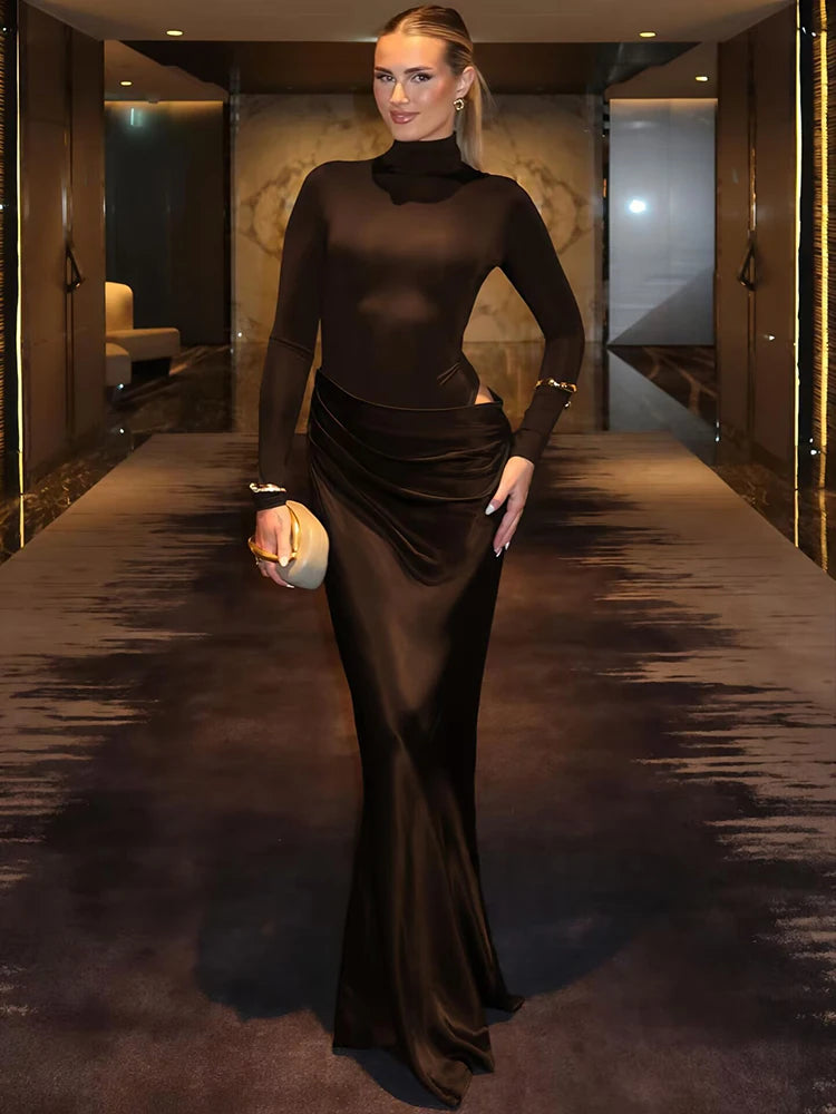 Autumn Long Sleeve Sexy Maxi Dress Women Fashion Hollow Out Turtleneck Ruched Bodycon Club Party Long Dresses Female