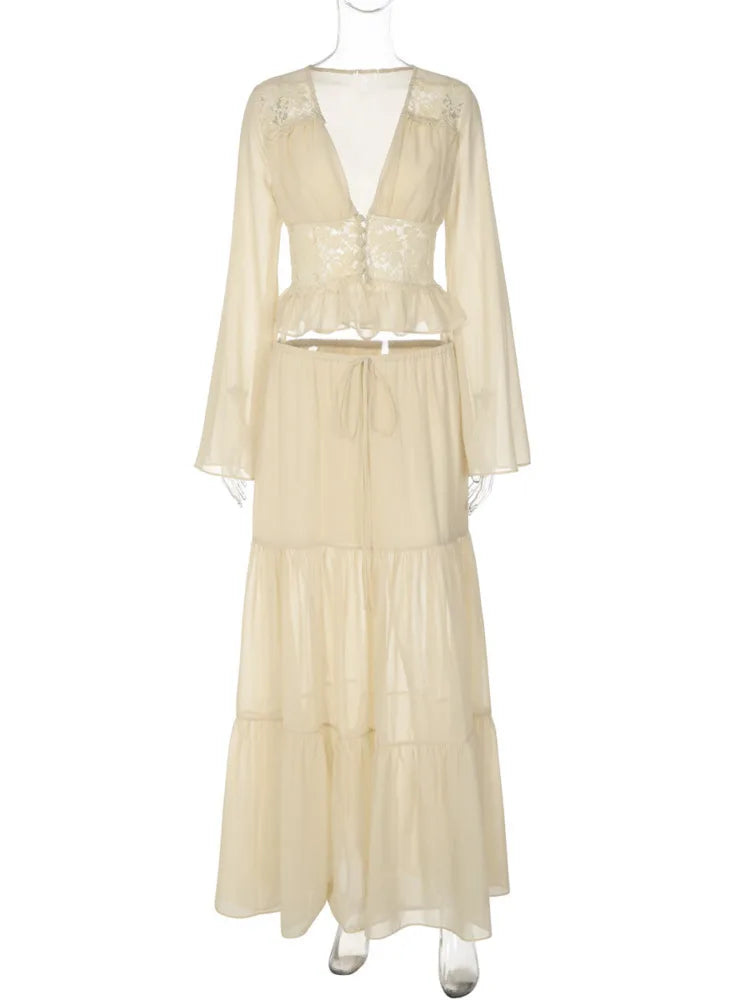 Elegant Sexy Two Piece Set Women V Neck Long Sleeve T-shirt Maxi Skirt Matching Set Female Loose Pleated Club Dress Set