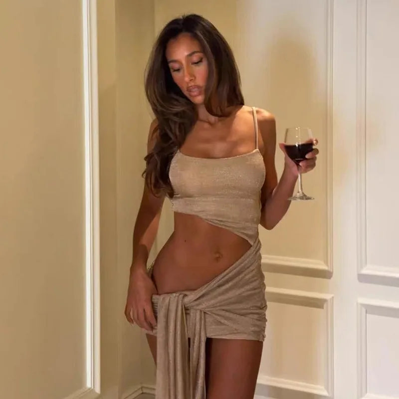 Metallic Knit Spaghetti Strap Cut Out Mini Dress Sexy Birthday Party Night Out Fitted Dress for Woman