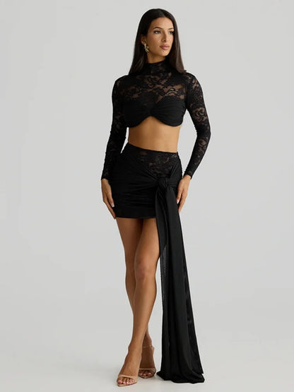 See Through Lace Mesh Two Piece Set Long Sleeve Crop Top and Mini Skirt Matching Sets Sexy Outfits Women