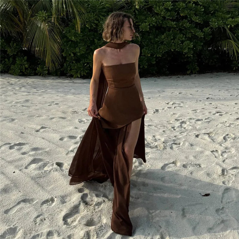Women Strapless Long Dress with Neck Scarf Off Shoulder Sleeveless Backless High Split Mesh Flowy Tube Top Party Dresses