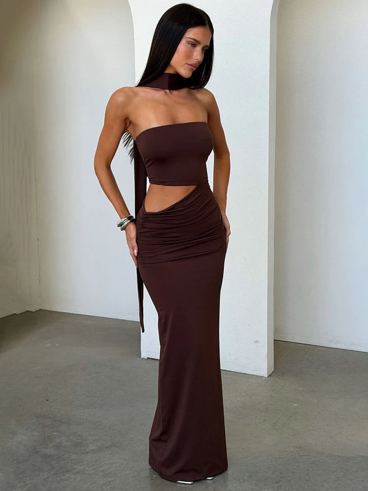 Halter Neck Strapless Sexy Maxi Dress Women Summer Elegant Off-shoulder Ruched Cutout Bodycon Party Long Dresses