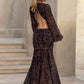 Leopard Print Long Sleeve Sexy Maxi Dress Women Fashion Hollow Out Backless Draped Ruched Bodycon Club Party Long Dress