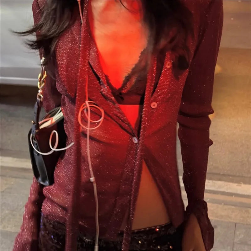 Women's Glitter Sheer Mesh Shirt Long Sleeve Choker Neck Button Down Cropped Blouse Y2K Party Clubwear See Through Top