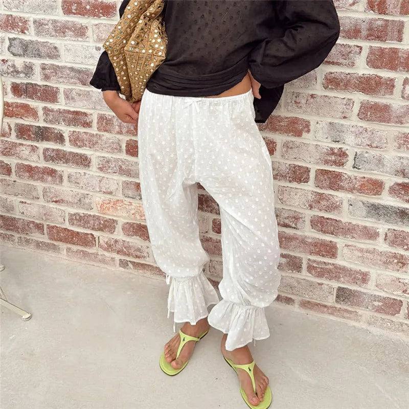 Women Swiss Dot Harem Pants Elastic Waist Ruffle Cuff Drawstring Hem Loose Bohemian Casual Holiday Beach Trousers