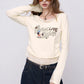 Women's Long Sleeve Graphic Tee with Cartoon Print, Lace Trim Crop Top, Cute Casual T-Shirt for Daily Wear
