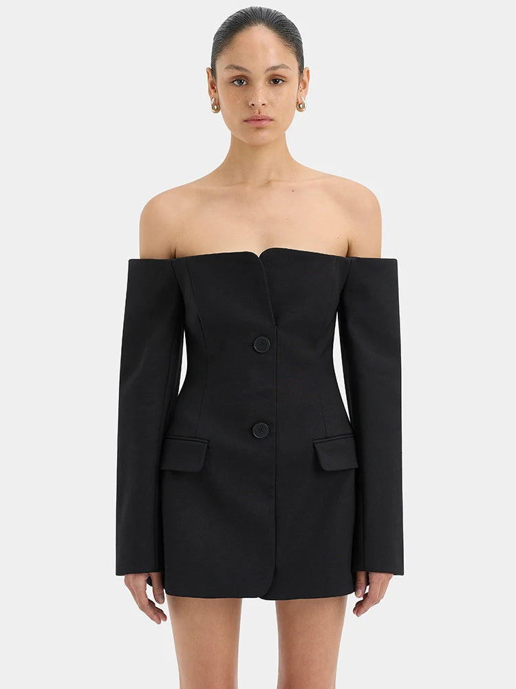 Off-shoulder Strapless Sexy Blazer Dress For Women Fashion Solid Zipper Two Pocket Long Sleeve Backless Mini Dress