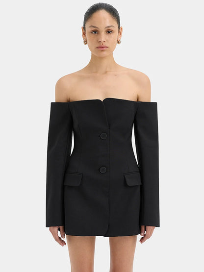 Off-shoulder Strapless Sexy Blazer Dress For Women Fashion Solid Zipper Two Pocket Long Sleeve Backless Mini Dress