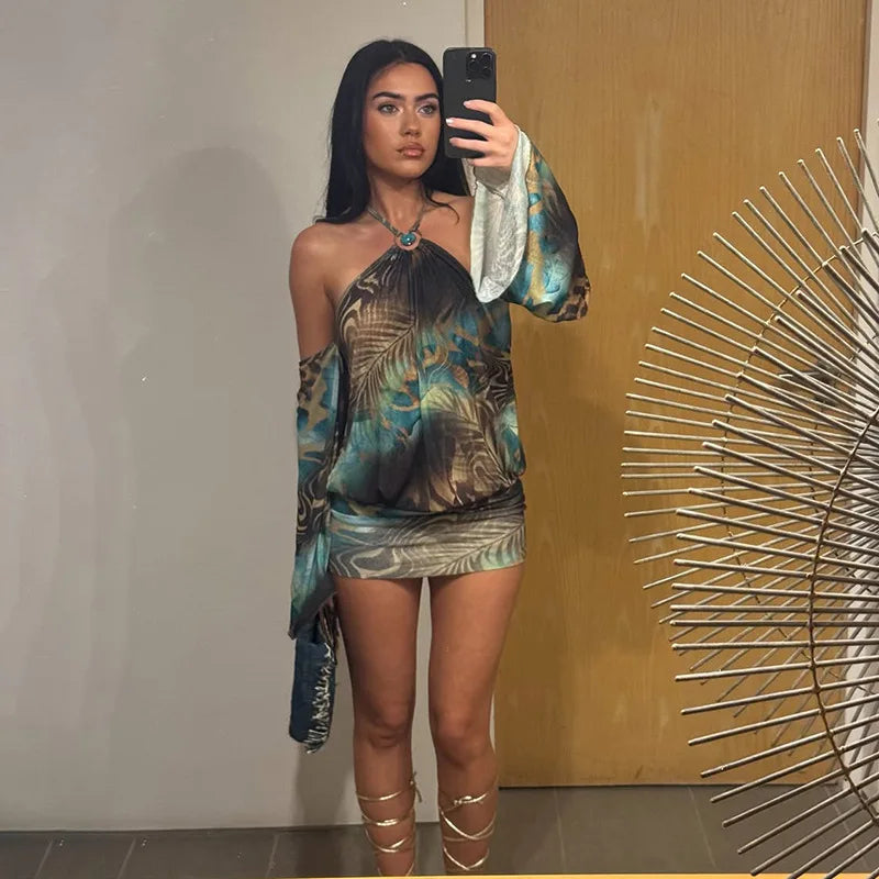 Multi-animal Print Halterneck Mini Dress with Long Flared Sleeves Fashion 2026 Fall Dresses for Women