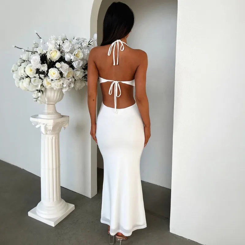 Ruffled Deep V Halter Long Dresses for Women Holiday Wedding Party White Backless Dress Elegant Sexy Outfits