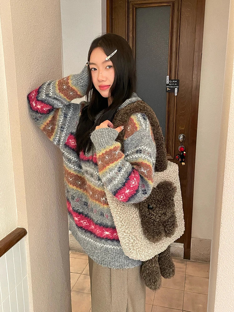 Y2K Cute Lambswool 3D Bear Soft Warm Shoulder Bag For Women