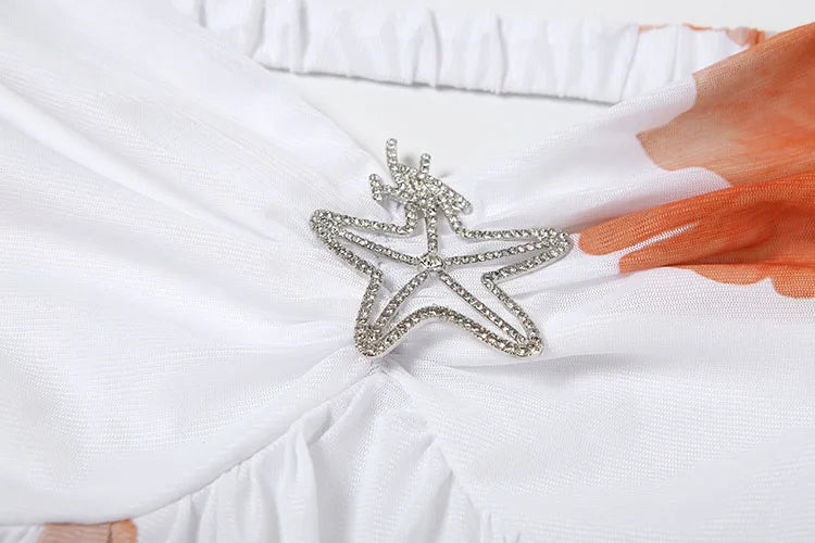 Metal Starfish Dress Women Chest Wrap Halter Low-Neck Irregular Ruffles Hem Backless Sleeveless Vacation Mini Bodycon