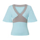 Womens Contrast Color Cross V Neck Short Sleeve Crop Tee Slim Fitted Patchwork Tshirt Summer Casual Y2K Cropped Top
