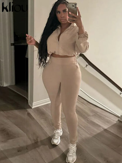 Basic Women 2 Piece Set Classic Solid Long Sleeve Drawstring Zip-up Coats+Slim Pants Female Autumn Casual Sporty Outfits