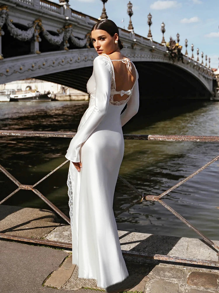 Backless Smooth Maxi Dress Women High Side Slit Patchwork Lace Bow Decoration Bandage Elegant Banquet Vacation Vestidos