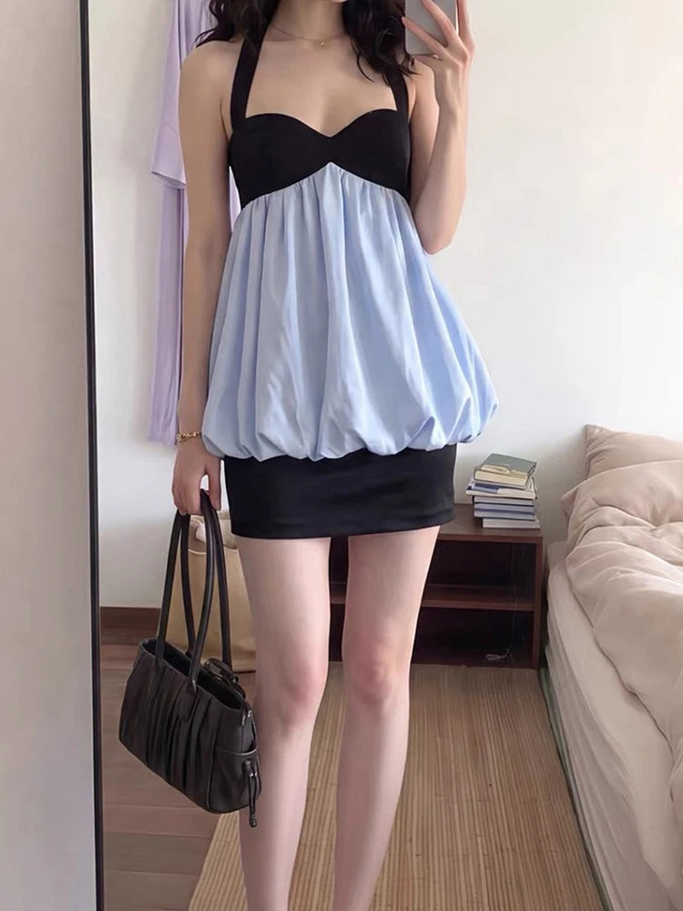 Patchwork Dress Women Halter Sleeveless Backless Folds Sweet Style Summer New Trend Street Commute Daily Mini Bodycon