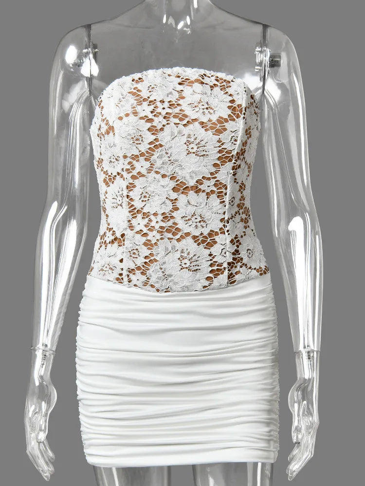 Women Strapless Floral Lace Corset Sexy Mini Dress Elegant Off-shoulder Ruched Short Bodycon Party Evening Dresses