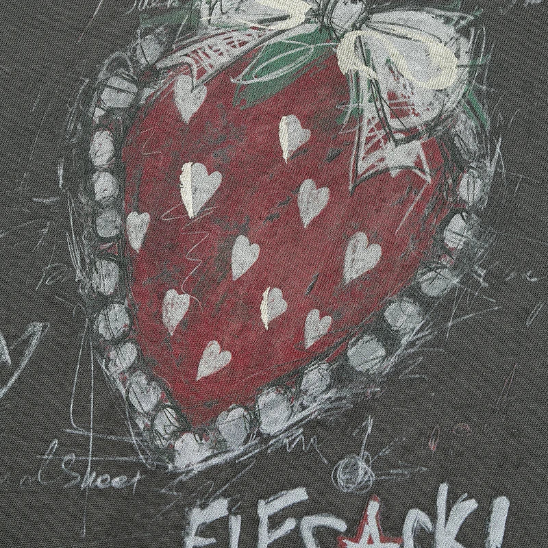 Strawberry Graffiti Print Punk Overall Dress, A-Line Sleeveless Streetwear Midi Dress, Y2K Sweet Grunge