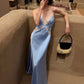 Patchwork Satin Lace Maxi Dress Women v-Neck Sleeveless Backless Summer Fashion Vacation Party Chic Elegant Vestidos