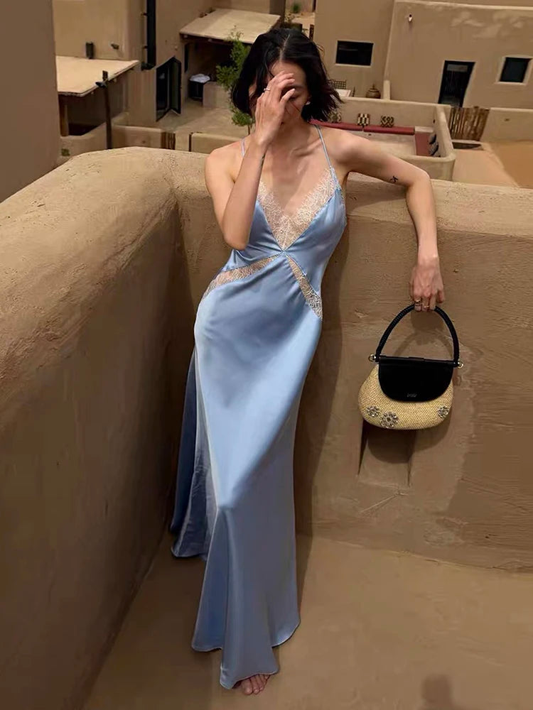 Patchwork Satin Lace Maxi Dress Women v-Neck Sleeveless Backless Summer Fashion Vacation Party Chic Elegant Vestidos