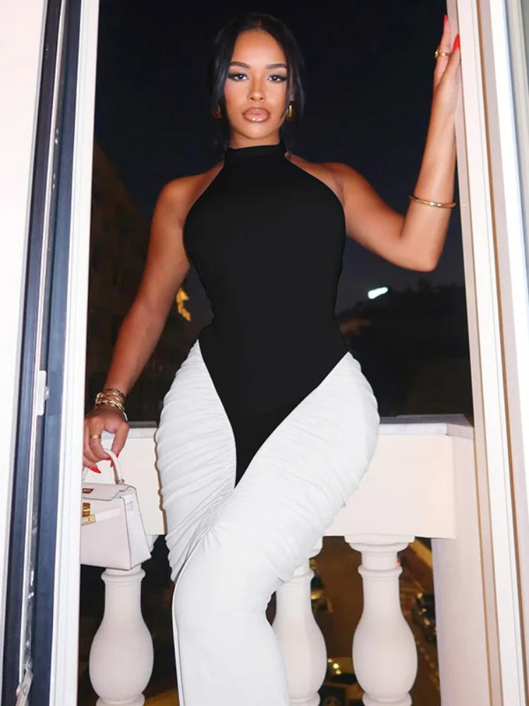 Patchwork Halter Backless Maxi Dress for Dinner Evening Gown Sexy Elegant Party Dresses for Woman Fall 2025